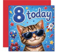 Tarjeta divertida de 8º cumpleaños, celebración de gato genial y cohetes