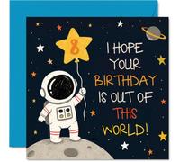 Tarjeta divertida de 8º cumpleaños - Deseos fuera de este mundo - Astronauta y Luna con globo en forma de estrella 8 - Explosión de aventura de cumpleaños - Cuadrado de 145 mm, sobre incluido