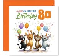 Tarjeta divertida de 80 cumpleaños, festividades felinas en pleno apogeo, cuatro gatos alegres con globos y confeti, cuadrada de 145 mm, sobre incluido