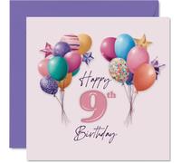 Tarjeta divertida de 9º cumpleaños, gran energía de cumpleaños, globos coloridos, estrellas y confeti con toques de papel de aluminio brillante, rebosante de diversión alegre, cuadrado de 145 mm