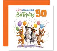Tarjeta divertida de 90 cumpleaños - Let the Celebrations Go Barking Mad - Perros animados con globos y confeti - Forma alegre de marcar un 90 cumpleaños - Cuadrado de 145 mm, sobre incluido