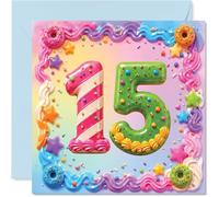 Tarjeta divertida de cumpleaños número 15 - Dulces dieciséis vibraciones entrantes - Diseño colorido de donas, estrellas y chispas - Regalo divertido para un gran hito de un adolescente - Cuadrado de
