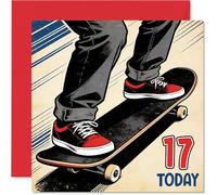 Tarjeta divertida de cumpleaños número 17 - Atrapa gran energía de cumpleaños - Adolescente patinando en acción con gráfico audaz de 17 hoy, cuadrado de 145 mm, sobre incluido