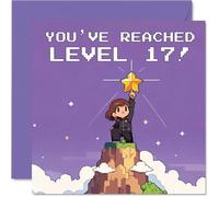Tarjeta divertida de cumpleaños número 17 - Level Up Birthday Vibes - Pixel Art Gamer on Mountain con estrella brillante - 145 mm cuadrada, sobre incluido
