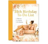 Tarjeta divertida de cumpleaños número 35 - Time to Be Fabulous - Mujer glamurosa con sofá de felpa y flores doradas - Lista de tareas para ella grande de 3-5 - 5 x 7 pulgadas, sobre incluido