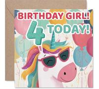 Tarjeta divertida de cumpleaños número 4, unicornio con gafas de sol que aporta brillo de cumpleaños, globos coloridos y diseño audaz del 4 hoy, cuadrado de 145 mm, sobre incluido