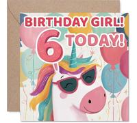 Tarjeta divertida de cumpleaños número 6, unicornio con gafas de sol y globos, salpicadura de rosa, azul y amarillo, ilumina su día especial, cuadrada de 145 mm, sobre incluido