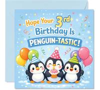 Tarjeta divertida de tercer cumpleaños con diseño de pingüino con globos y texto en inglés "Let's Make Your 3rd Birthday", cuadrado de 145 mm, sobre incluido