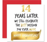Tarjeta dorada de 14 aniversario para mujeres y hombres, celebra la mejor decisión, tarjeta de feliz aniversario de 14 años para esposa, compañera, pareja, novio, tarjetas de felicitación doradas de