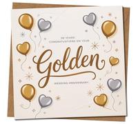 Tarjeta dorada de aniversario de boda, felicitaciones de 50 años, diseño de globos de corazón dorado y plateado, cuadrada, 145 mm x 145 mm, incluye sobre de papel kraft