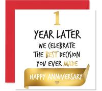 Tarjeta dorada de primer aniversario para mujeres y hombres, celebra la mejor decisión, tarjeta de feliz aniversario de 1 año para novia, esposa, compañera, pareja, tarjetas de felicitación doradas de