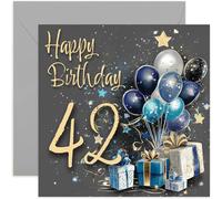 Tarjeta especial de 42 cumpleaños masculino para hombres, cuarenta y dos años, regalos azules y dorados, ilustraciones de globos para hombres, regalos elegantes y tradicionales de cumpleaños de la