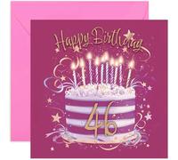 Tarjeta especial de 46 cumpleaños para ella, tarjetas de felicitación de cumpleaños de cuarenta y seis años, arte de pastel rosa fucsia y dorado para niñas y mujeres, estilo femenino elegante y