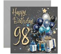 Tarjeta especial de 98 cumpleaños masculino para hombres, noventa y ocho años, regalos azules y dorados, ilustraciones de globos para hombres, regalos elegantes y tradicionales de cumpleaños de la