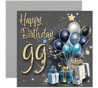 Tarjeta especial de 99 cumpleaños masculino para hombres, noventa y nueve años, regalos azules y dorados y obras de arte de globos para hombres, regalos elegantes y tradicionales de cumpleaños de la