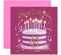 Tarjeta especial de cumpleaños número 41 para ella, tarjetas de felicitación de cumpleaños de cuarenta y un años, arte de pastel rosa fucsia y dorado para niñas y mujeres, estilo femenino elegante y