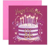 Tarjeta especial de cumpleaños número 86 para ella, tarjetas de felicitación de cumpleaños de ochenta y seis años, arte de pastel rosa fucsia y dorado para niñas y mujeres, estilo femenino elegante y