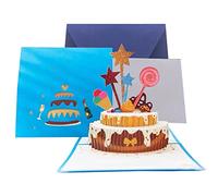 Tarjeta Felicitacion Cumpleaños 3D Pop Up, Tarjeta de Cumpleaños con Diseño de Pastel y Vela en 3D, Azul