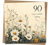 Tarjeta floral de 90 cumpleaños para mujer, hermoso diseño de margaritas y sobre rústico de papel kraft