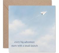 Tarjeta inspiradora de buena suerte, deseos inspiradores para el próximo paso de la vida, ilustración de avión de papel y cielo, cuadrada de 145 mm, sobre incluido