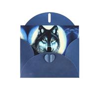 Tarjeta navideña de papel nacarado azul con estampado de lobo bajo la luna, con sobre, adecuada para deseos de cumpleaños, bodas, felicitaciones y condolencias.