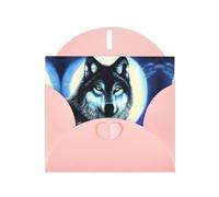 Tarjeta navideña de papel nacarado rosa con estampado de lobo bajo la luna, con sobre, adecuada para deseos de cumpleaños, bodas, felicitaciones y condolencias.