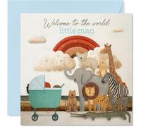 Tarjeta para bebé con texto en inglés "Welcome to the World, Little Man", animales de safari pastel con cochecito y arco iris, dije suave para un niño nuevo, cuadrado de 145 mm, sobre incluido