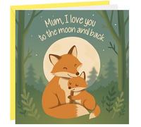 Tarjeta para el día de la madre para mamá, hermoso diseño de zorro con texto en inglés "Love You To The Moon & Back" en tarjeta gruesa de 350 g/m²