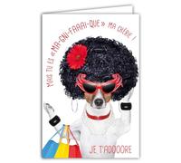 Tarjeta para niña y mujer, hermosa a la moda, reina de compras, mensaje humorístico con sobre ilustrado, formato 17,5 x 12 cm, perro divertido, divertido, rigolo disfrazado, creación francesa 69-6218