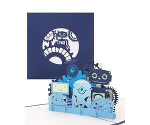 Tarjeta Pop Up "Funny Robots" - Tarjeta de felicitación en 3D como tarjeta de cumpleaños, cupones de invitación, como regalo o regalo para cumpleaños infantiles & escolarización