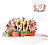 Tarjeta pop-up para cumpleaños de 90 años, diseño de flores 3D, 90 años, para madres, abuelas y mujeres, tarjeta romántica de aniversario