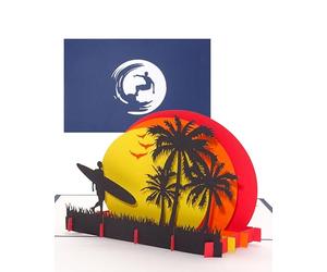 Tarjeta Pop Up Surfer Sunset play - Tarjeta de cumpleaños, tarjeta de invitación de vacaciones, tarjeta de viaje para surf, Florida como regalo, tabla de surf e invitación al curso de surf