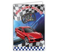 Tarjeta que se abre Vive Saint Nicolas Feliz Fiesta 6 de diciembre Coche Rojo Deporte Carreras Automotrices Gamepad Juegos Online Niño o Adolescente Amigo Amigo Novio - Con Sobre Blanco Formato 12 x
