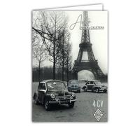 Tarjeta Renault de 4 CV para coche, diseño de auto, pasión, con licencia oficial para automóviles plateados, brillantes Torre Eiffel - Tarjeta abierta blanca 23 x 17 cm - con sobres blancos 12 x 17,5