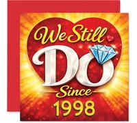 Tarjeta romántica de 28 aniversario - We Still Do Since 1998 - corazones vibrantes y diamantes en tonos de joyería atrevidos - cuadrado de 145 mm, sobre incluido