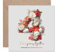 Tarjeta romántica de 4º aniversario, cuatro años de amor y risa, elegante número 4 floral con flores vibrantes, cuadrada de 145 mm, sobre incluido