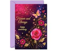 Tarjeta romántica de aniversario - Flores y mariposas de colores ricos - Diseño floral rosa y dorado con corazones para un toque verdaderamente romántico - A5, sobre incluido