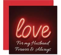 Tarjeta romántica de aniversario para marido - Diseño llamativo de neón "Love" - llamativo diseño rojo y negro con mensaje sincero, día de San Valentín, cuadrado de 145 mm, sobre incluido