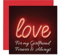Tarjeta romántica de aniversario para novia, diseño llamativo de neón con texto en inglés "Love", diseño destacado en rojo y negro con texto en inglés "Forever & Always", para el día de San Valentín