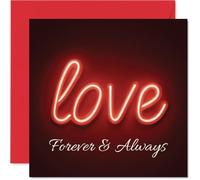 Tarjeta romántica de aniversario - Romance de neón audaz - diseño rojo y negro "Love" con motivo Forever & Ally, día de San Valentín, cuadrado de 145 mm, sobre incluido