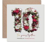 Tarjeta romántica de décimo aniversario - Una década de amor - elegante diseño floral '10' en rosas suaves y verdes - 145 mm cuadrada, sobre incluido