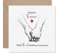Tarjeta romántica de tercer aniversario - Always & Forever Vibes - Bosquejo de dos manos sosteniendo, simboliza el amor duradero - cuadrado de 145 mm, sobre incluido