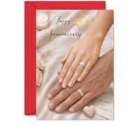 Tarjeta sentimental de 40 aniversario - Celebrando cuatro décadas juntos - Primer plano de anillos de boda y manos en oro y rojo - A5, sobre incluido