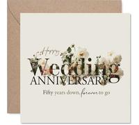 Tarjeta sentimental de 50 aniversario, cincuenta años juntos, elegante diseño floral con escritura dorada inspiradora, un toque cálido para un hito dorado, cuadrado de 145 mm, sobre incluido
