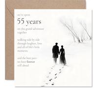 Tarjeta sentimental de 55 aniversario - Una vida de amor celebrado - Boceto minimalista monocromático de pareja caminando a través de árboles nevados - 145 mm cuadrado, sobre incluido