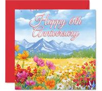 Tarjeta sentimental de 6º aniversario - Una explosión de flores silvestres trae el amor - Prado colorido y paisaje montañoso con mensaje escrito a mano - cuadrado de 145 mm, sobre incluido