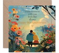 Tarjeta sentimental de 9º aniversario - Every Moment with You Feels Like Home - Pareja ilustrada en un banco de puesta de sol rodeado de flores silvestres - cuadrado de 145 mm, sobre incluido