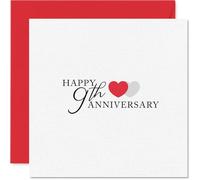 Tarjeta sentimental de 9º aniversario, nueve años juntos, corazones rojos y grises en blanco nítido, forma pensada de marcar tu hito especial, cuadrada de 145 mm, sobre incluido