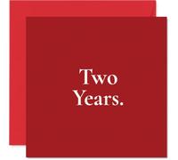 Tarjeta sentimental de segundo aniversario, celebrando dos años brillantes juntos, texto minimalista blanco serif en rica tarjeta roja, cuadrada de 145 mm, sobre incluido