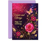 Tarjeta sentimental de segundo aniversario - Forever and Always Sentiments - Rosa rosa, mariposas doradas y corazones en morado profundo - A5, sobre incluido